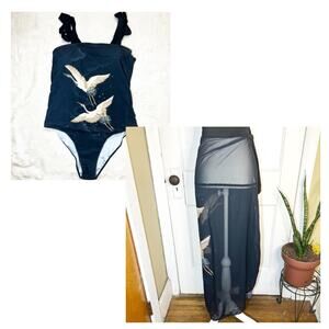 NWOT Plus Size One Piece Crane Print Swimsuit Matching Skirt Cover Up Size 3X